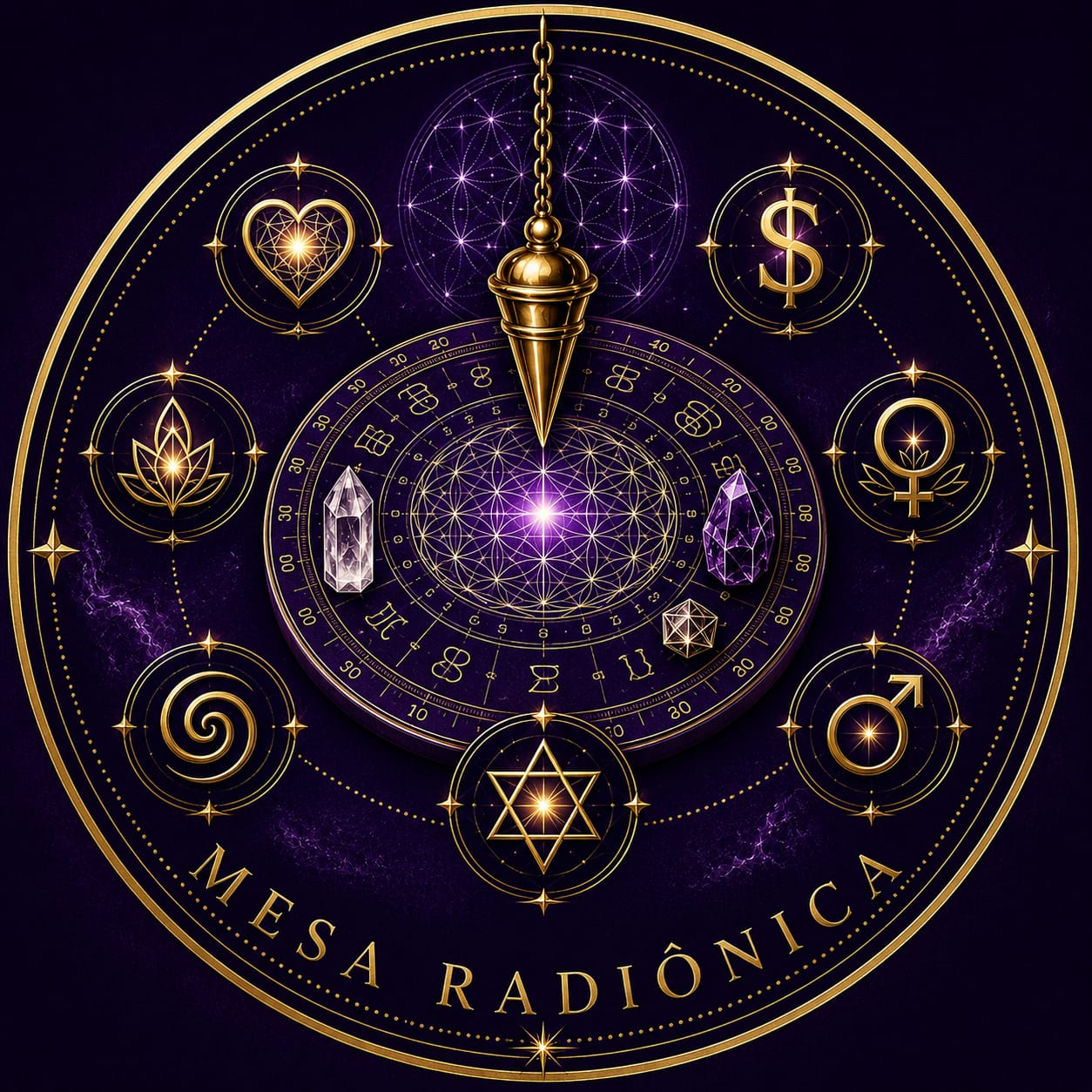 Selo dourado da Mesa Radiônica com pêndulo, gráfico e cristais em tons de violeta